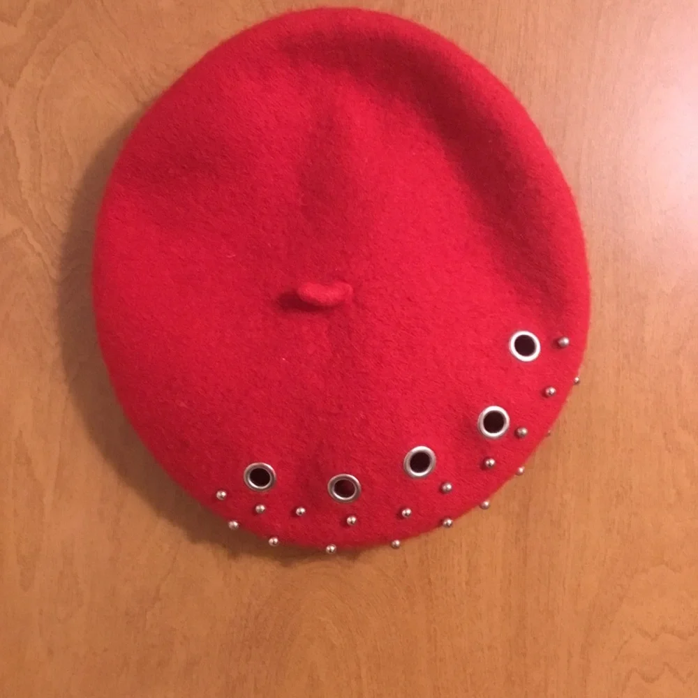 Red Studded Wool Beret hat